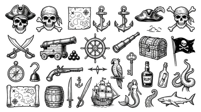 Pirate Hand Drawn Vector Bundle with Treasure Skull and Nautical Adventure Icons