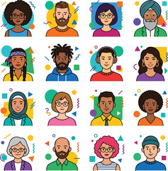 Fototapeta premium Collection of diverse avatars showing variety of people in flat cartoon character design.