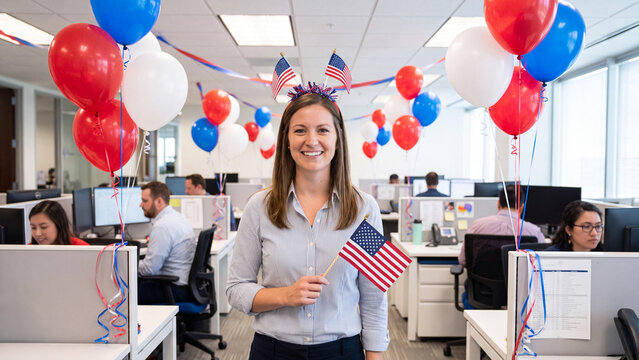 Business employee celebrating July 4th Independence Day with festive decorations in office for corporate holiday communications and promotional content