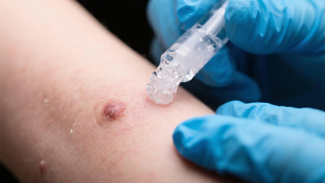 Cryotherapy treatment freezing common skin wart or verruca with ice crystals