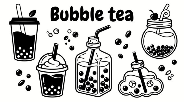 Bubble tea vector collection isolated for Taiwanese beverage culture, modern cafes, sweet drinks, and trendy lifestyle designs. Black and white sketch style featuring tapioca pearls, straw, and cup