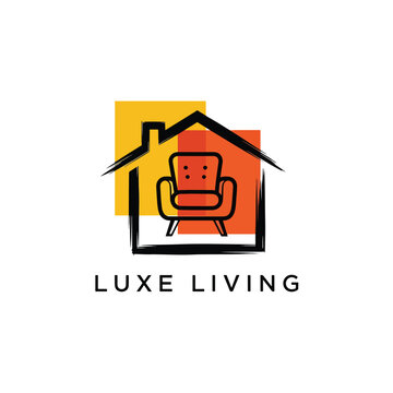Minimalist home furniture interior design logo featuring an armchair inside a house outline.