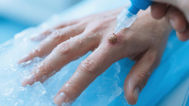 Cryotherapy treatment freezing common skin wart or verruca with ice crystals