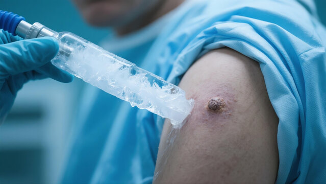 Cryotherapy treatment freezing common skin wart or verruca with ice crystals