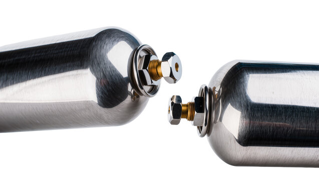 Isolated shiny polished metal cylinders with brass and silver fittings connected