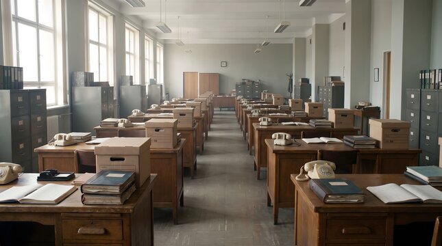 Large Institutional Vintage Office Room with Rows of Wooden Desks Retro Telephones and Files