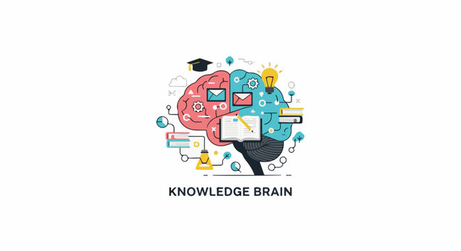 Abstract brain with books lightbulb and academic symbols represents knowledge