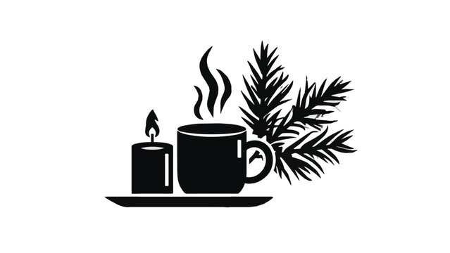 Cozy still life composition with black candle and mug surrounded by leafy plant in dark ambiance for relaxation and calm mood