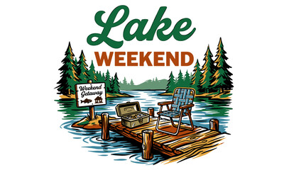Retro summer lakeside scene with wooden dock, chair and fishing gear, vintage graphic illustration for t-shirt design and vacation branding © brutalism studio