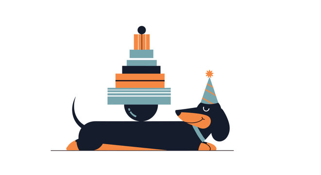 Cute dachshund dog wearing a striped birthday hat and balancing a stack of colorful gift boxes on its back.