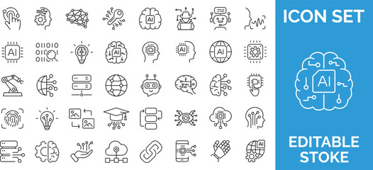 Artificial intelligence and machine learning thin line icon set. © Ria