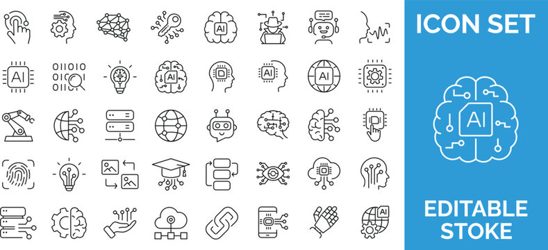 Artificial intelligence and machine learning thin line icon set.