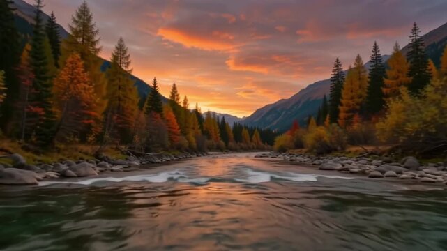 Majestic river flowing continuously through a breathtaking autumn valley, flanked by vibrant fall foliage and distant