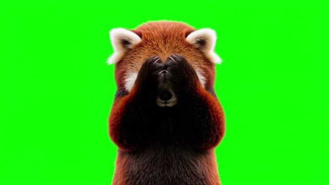 Realistic 3D red panda doing a facepalm gesture, frustration and mistake concept isolated on chroma key green screen background, Covering Face, Disappointment, Regret, Failure, Error, lesser panda