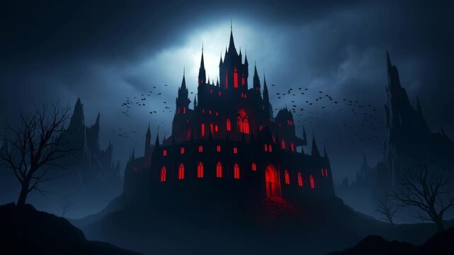 Dark gothic castle with glowing red windows and flying crows at night 4K Ai HD high quality video.