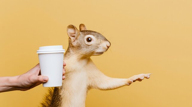 Squirrel reaching for coffee cup on yellow studio background