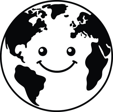 Earth planet line art vector illustration for coloring book or page happy world emoji face isolated.