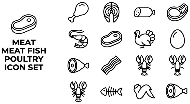 Set of various meat fish and poultry food icons including chicken steak sausage shrimp bacon egg and lobster in simple black outline style for restaurant menu design and grocery store branding
