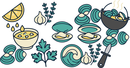 Seafood clam cooking flat line icon set vector illustration featuring fresh bivalve oysters lemon juice garlic parsley soup bowl and hot steaming pot. © Shefali