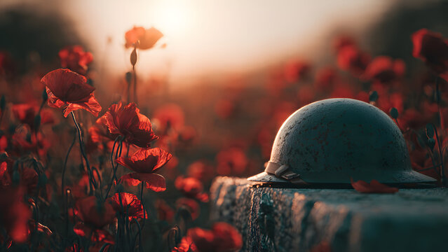 A vintage army helmet resting on a stone surface surrounded by blooming red flowers during the golden hour to honor veterans and remember historical sacrifice in a peaceful field at sunset time