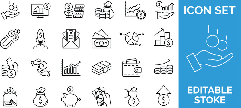 Money and finance icon set editable stroke represents financial growth and investment.