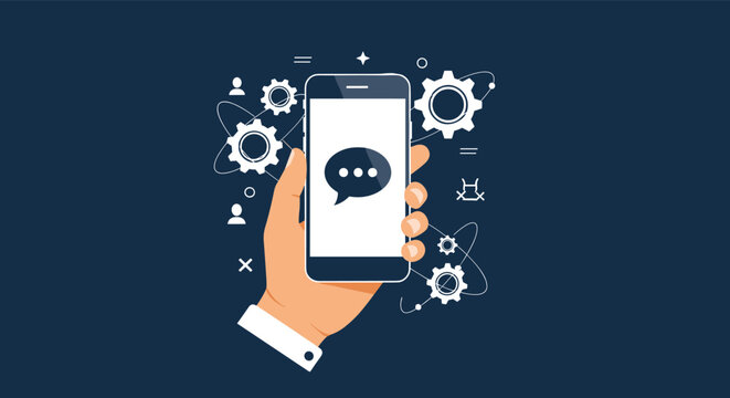 Hand holding a smartphone displaying a chat bubble icon, surrounded by white gears and symbols on a dark blue background.