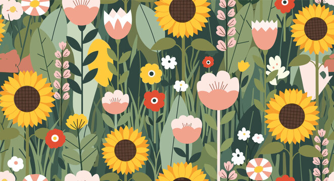 Beautiful seamless pattern featuring bright yellow sunflowers, pink tulips, and green leaves in a dense summer garden.