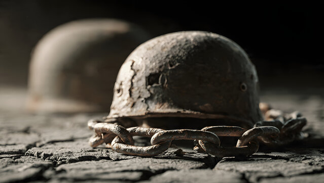 Old rustic weathered helmets resting on cracked dry earth ground surface wrapped with heavy iron link chains representing the harsh memories and legacy of past historical conflicts across the