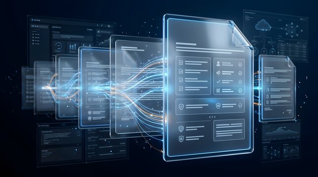 Glowing holographic digital documents connected by data streams representing cloud storage, electronic file management, and secure workflow automation.