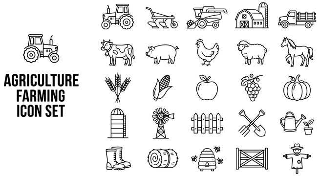 Set of agriculture and farming icons featuring tractors animals crops and rural tools in a hand drawn sketch style
