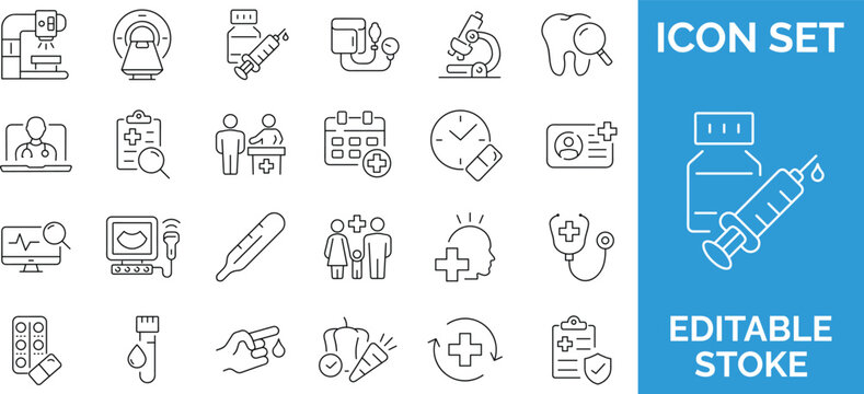 Medical line icon set, health care and hospital symbols, medicine and pharmacology signs, editable stroke.