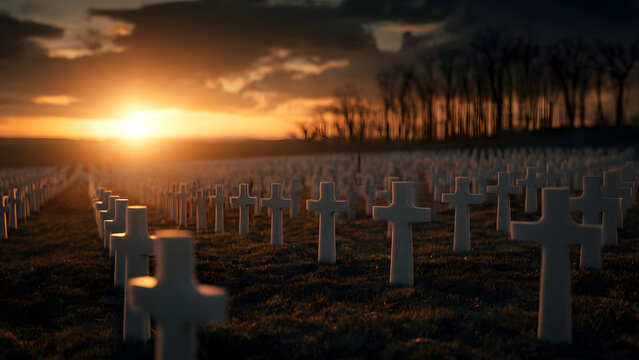 A somber view of a historic cemetery field filled with numerous stone crosses during a golden sunset at dusk as the orange light illuminates the grave markers across the peaceful grassy landscape