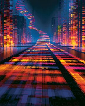 Colorful RNA strands and abstract codon blocks flow across a sleek laboratory workspace, suggesting algorithmic sequence design and optimization. Energetic, futuristic mood, cool blue rim lighting