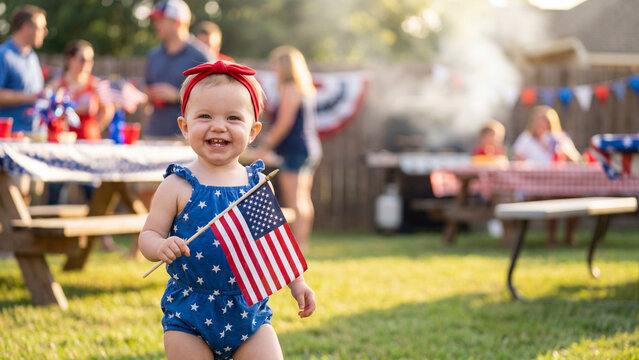 Fourth of July celebration with Caucasian baby girl in patriotic outfit holding flag for independence day greeting cards and marketing content