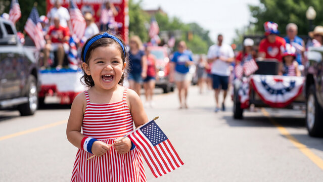 Independence Day parade celebration with Latino toddler girl waving American flag for patriotic holiday promotional banners and social media
