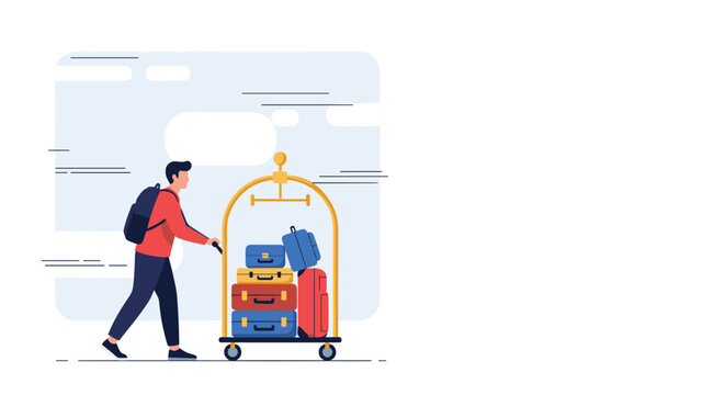 Hotel porter bellboy in red uniform pushing a golden luggage trolley full of colorful suitcases, vector illustration.