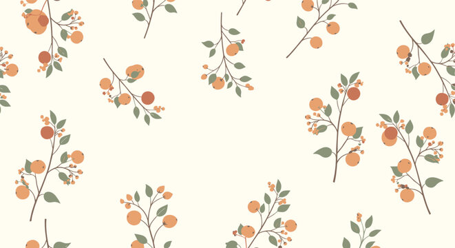 Seamless vector pattern of orange or peach fruit branches with green leaves on light background for fabric design.