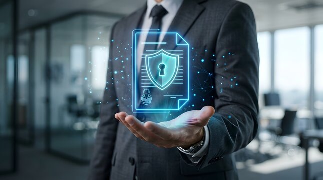 Businessman Holding Holographic Digital Document with Shield and Lock for Cybersecurity and Data Protection