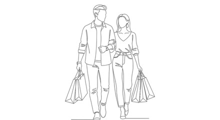 Obraz premium Couple Carrying Shopping Bags Linear Drawing Silhouette