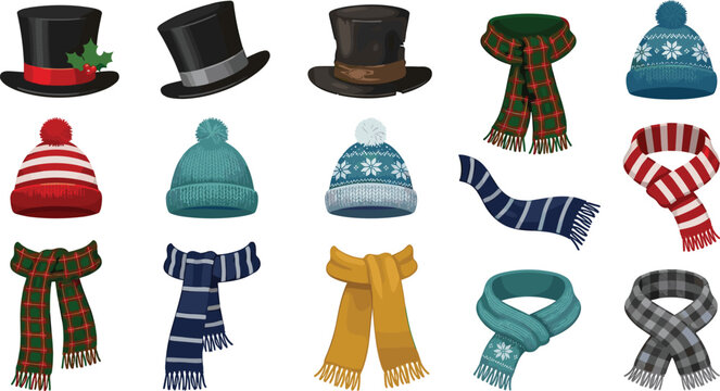 Winter clothing accessory vector illustration set featuring vintage black top hats checkered wool scarves knitted beanie caps with pompom and winter holiday decorations.