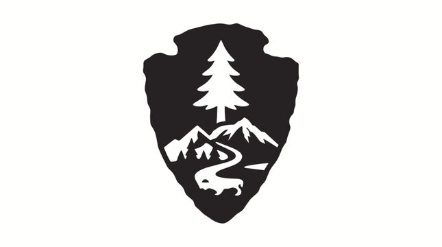 Black and white arrowhead emblem featuring a mountain landscape with a pine tree and bison silhouette.