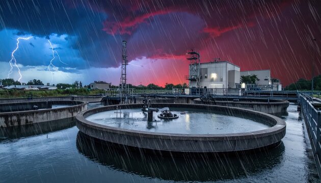 Circular sedimentation tank at water treatment plant in rain.