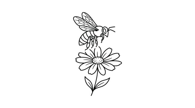 Hand drawn illustration of a bee hovering above a daisy flower.