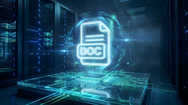 Glowing Holographic DOC File Icon Hovering Over Circuit Board in High Tech Server Room