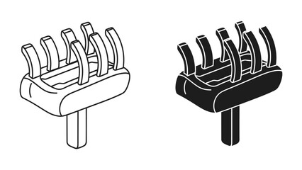 Scalp Massage Tool Icon: A stylized graphic representation of a handheld scalp massager with multiple prongs, presented in both outline and solid black variations. © harun