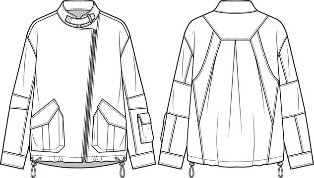 Technical flat sketch of asymmetrical zipper jacket with high collar, flap pockets, sleeve pocket, and pleated back yoke