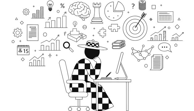 Businessman, office worker, puzzle solver, infographic elements, black and white vector illustration