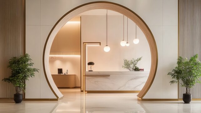 Modern reception area with a circular archway and plants