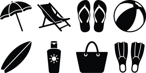 Set of summer beach vacation black silhouette icons for travel and tourism design projects © Lalchan