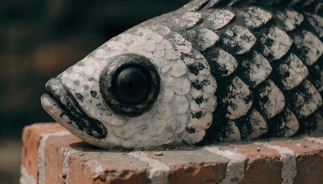Close up of a decorative fish sculpture with black and white scales sitting on a red brick wall